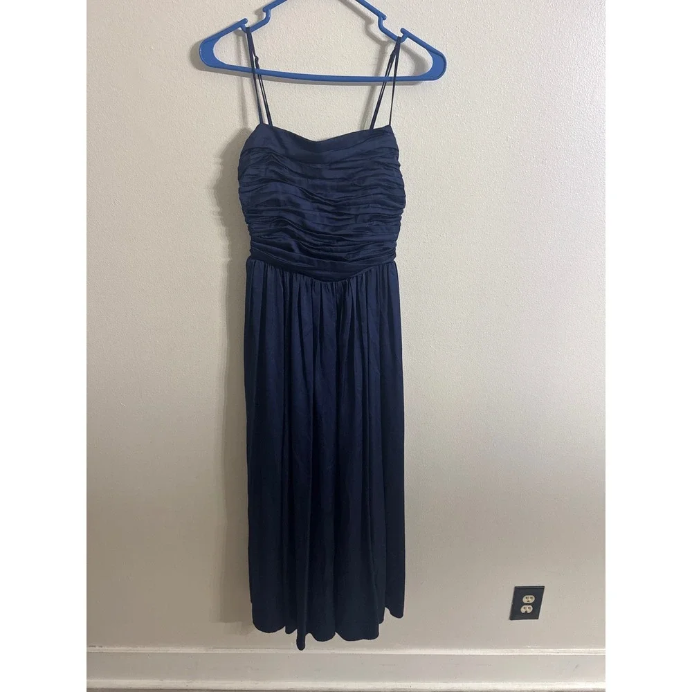 Abercrombie & Fitch Emerson Navy Blue Ruched Satin Maxi Dress Women's XS Petite